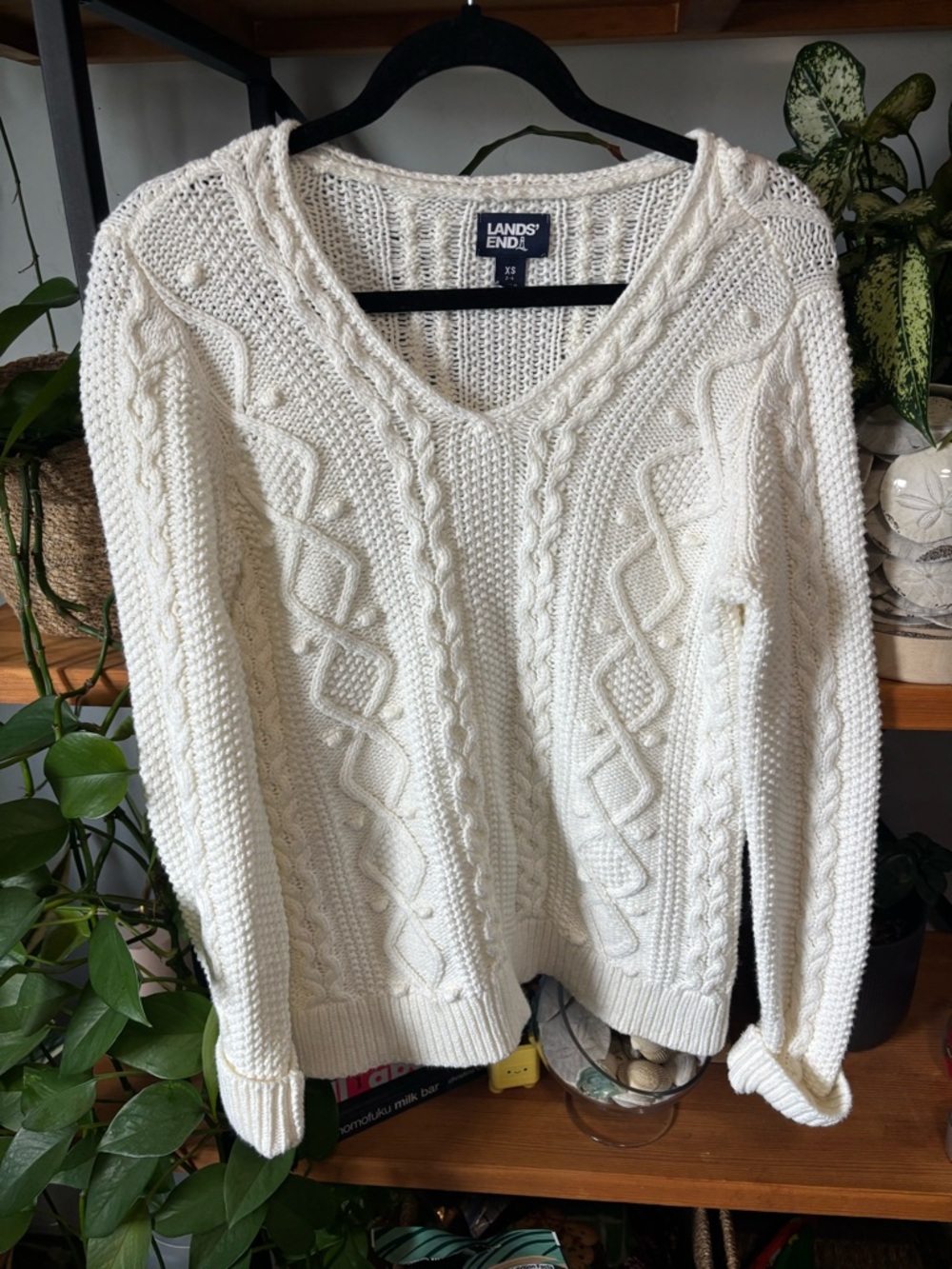 Lands' End Ivory Cable-Knit Fisherman V-Neck Sweater | XS - Picture 2 of 5